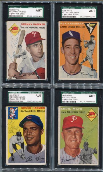 1954 Topps Baseball Lot of 4 Autographed Cards All SGC J. Spence AUT