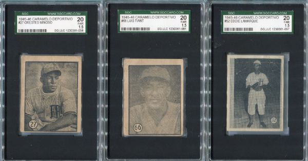 1945-46 & 1946-47  Caramelo Deportive Lot of 3 Minoso, Tiant & Lamarque All SGC 20
