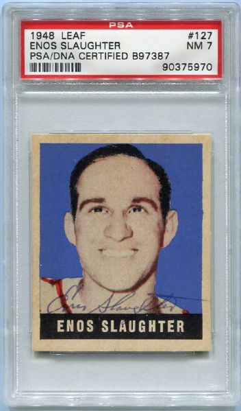 1948 Leaf #127 Enos Slaughter SP Autographed PSA 7 PSA/DNA Certified