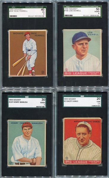 R319 1933 Goudey Lot of 4 HOFers All SGC Graded Ferrell, Manush, Sewell & Vance