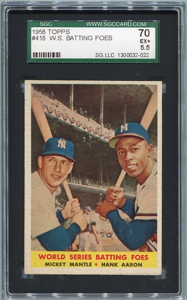 1958 Topps #418 World Series Batting Foes Mantle & Aaron SGC 70