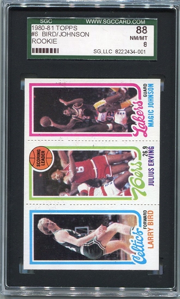 1980-81 Topps Basketball #6 Bird, Erving & Johnson Rookie Card SGC 88