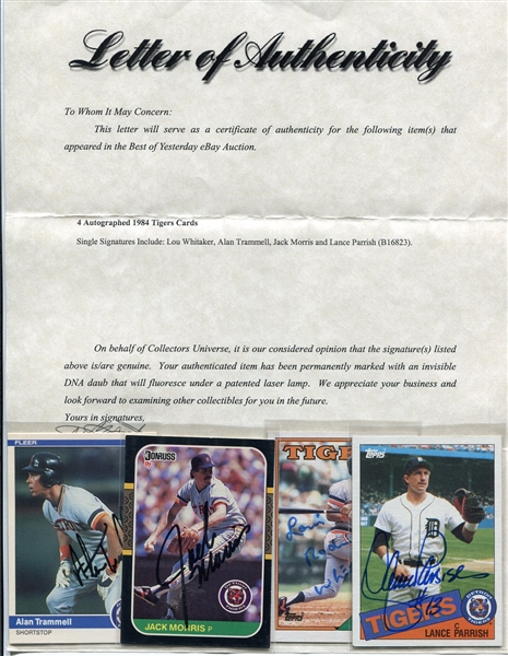 Lot of 4 Detroit Tigers Autgraphed Cards with PSA/DNA Cert