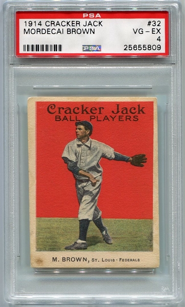 E145-1 1914 Cracker Jack #32 Mordecai Brown PSA 4