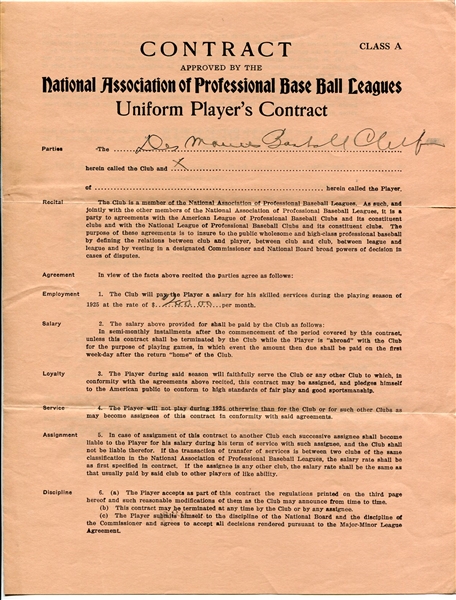 1925 National Association of Professional Base Ball Leagues Uniform Players Contract Des Moines