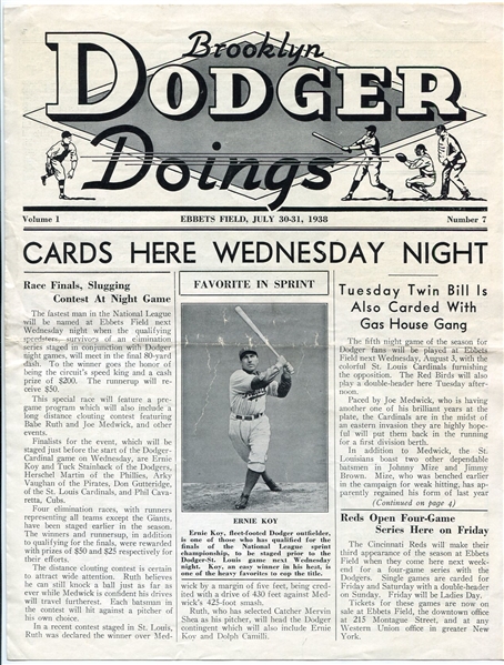 1938 Brooklyn Dodger Doings News Letter