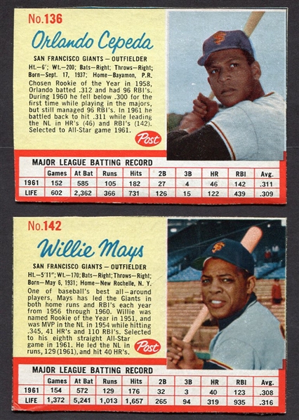 1962 Post Cereal #136 Cepeda & #142 Mays