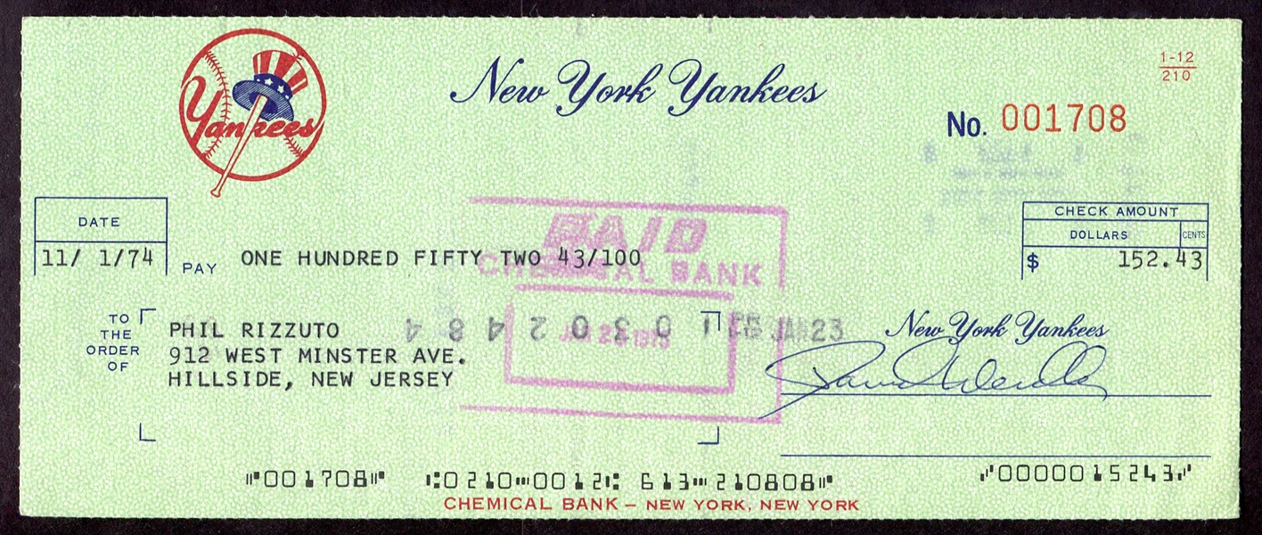 New York Yankees Phil Rizzuto Payroll Check Endorsed by Rizzuto