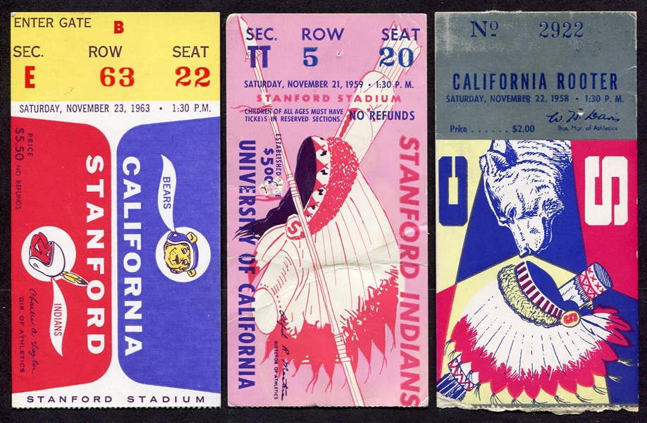Cal vs. Stanford Lot of 3 Vintage Ticket Stubs 1958 1959 & 1963