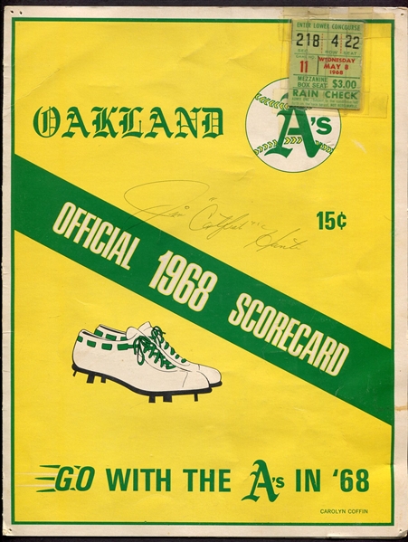1968 Oakland As Scorecard Signed by Jim "Catfish" Hunter Perfect Game! w/Ticket Stub!