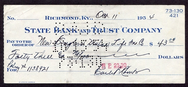 Earle Combs Signed Check