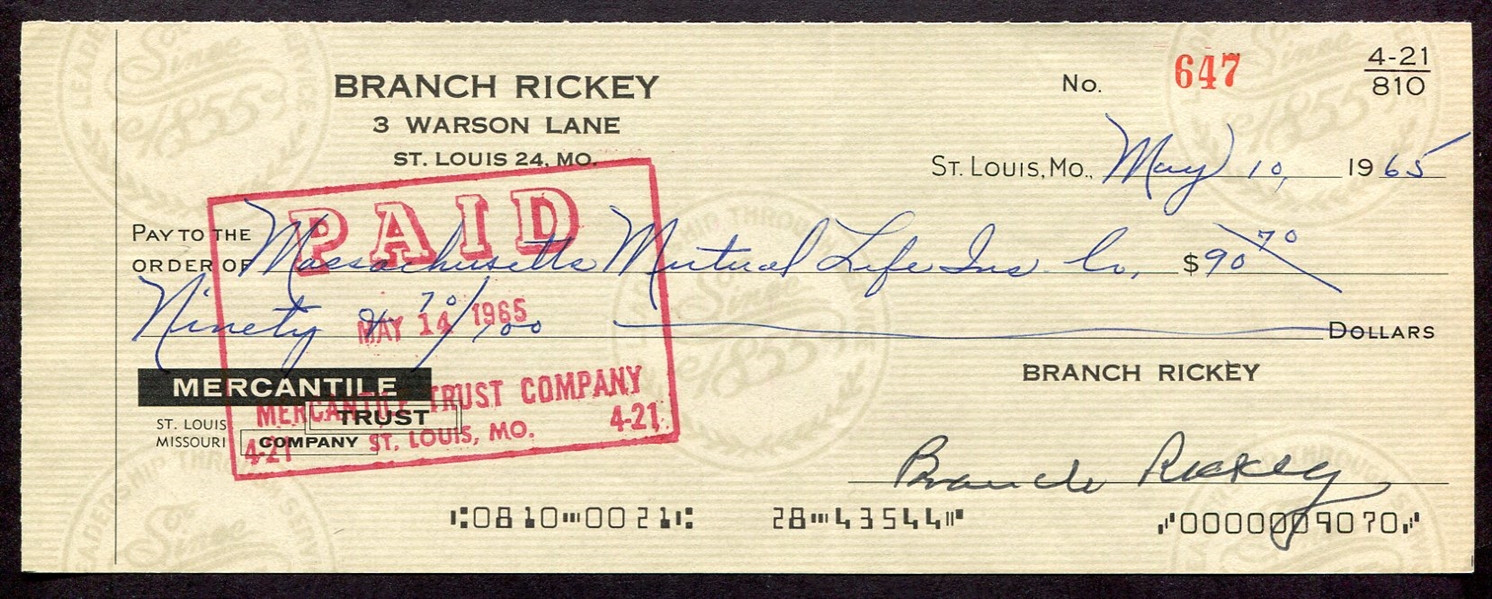 Branch Rickey Signed Personal Check