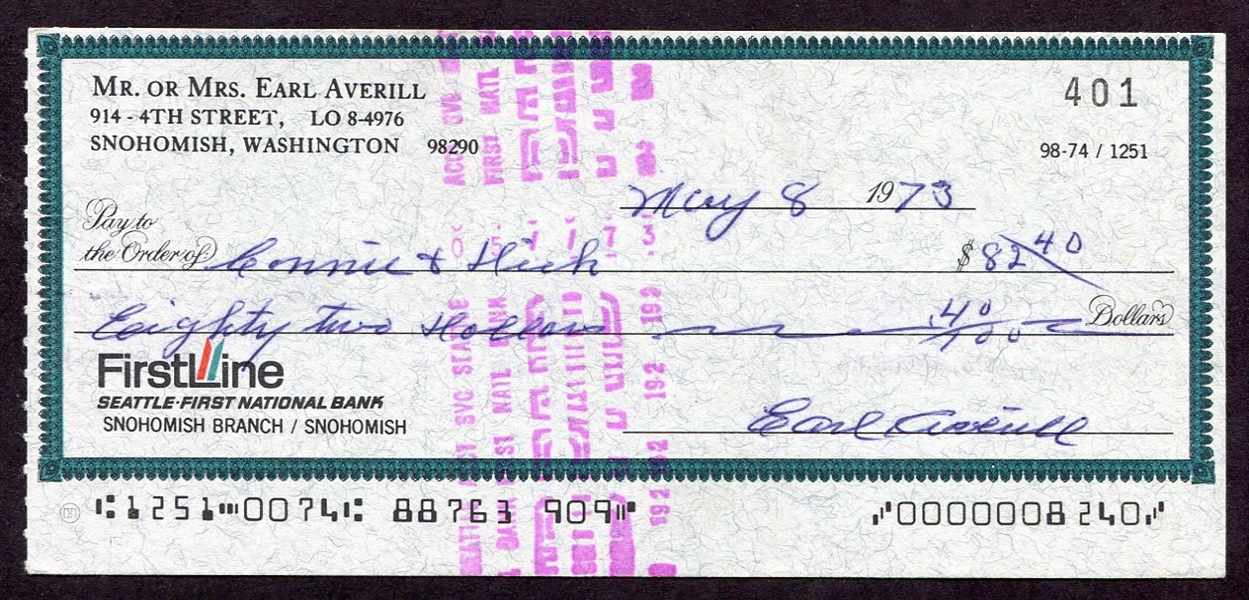 Earl Averill Signed Personal Check