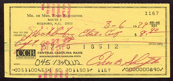 Enos Slaughter Signed Personal Check