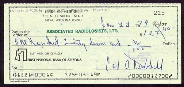 Carl Hubbell Signed Personal Check