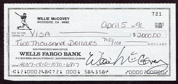 Willie McCovey Signed Personal Check