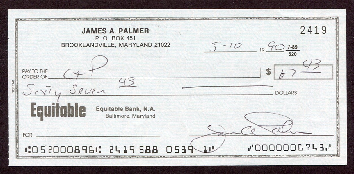 Jim Palmer Signed Personal Check
