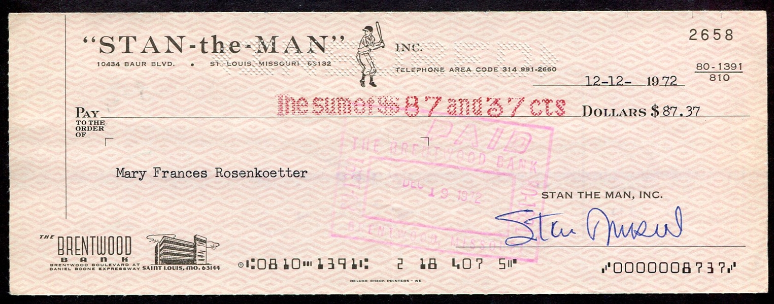 Stan Musial Signed "Stan-the-Man" Signed Check