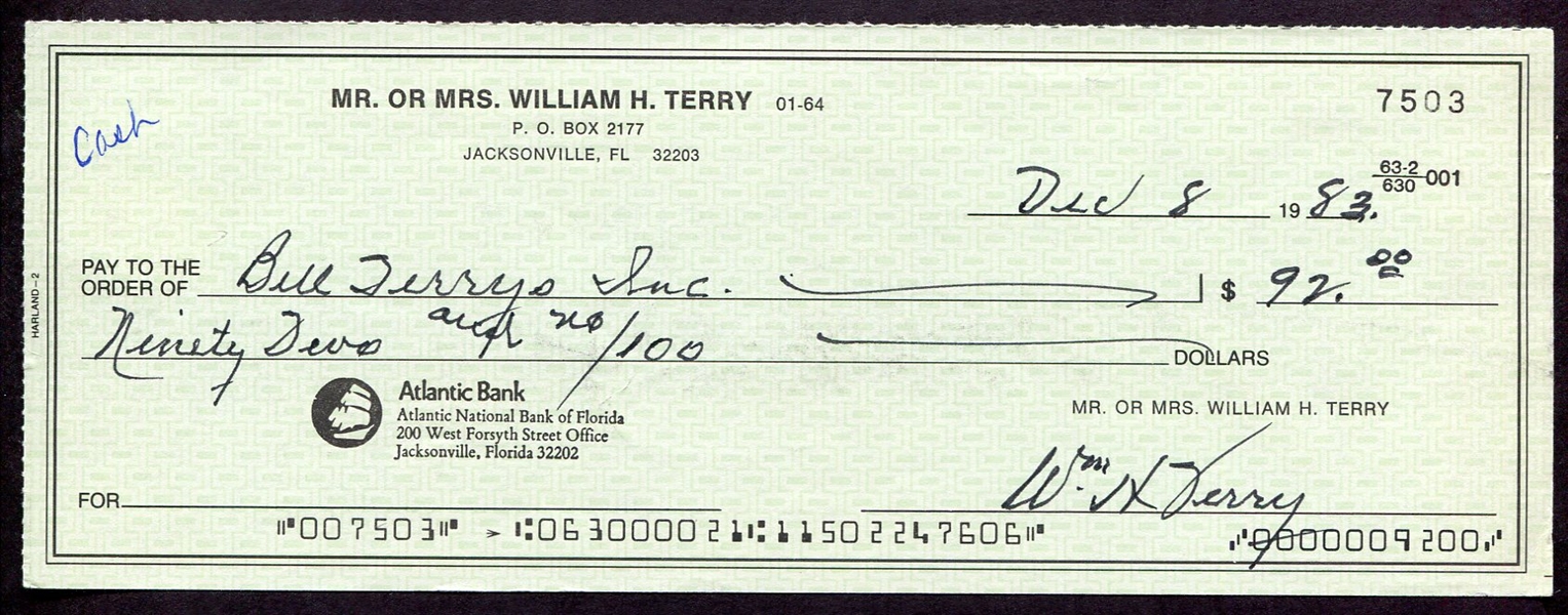 Bill Terry Signed Personal Check