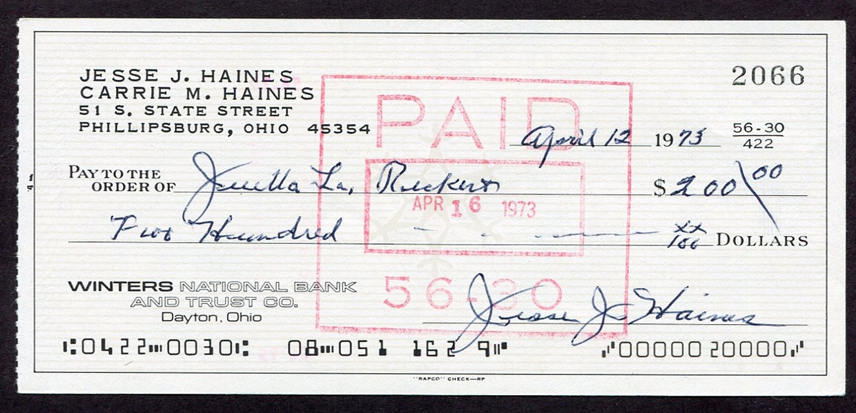 Jesse Haines Signed Personal Check