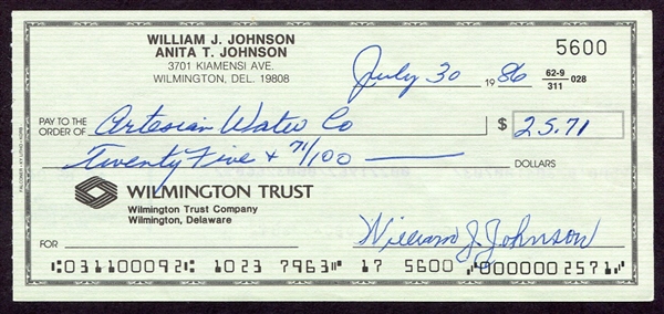 Judy Johnson Signed Personal Check