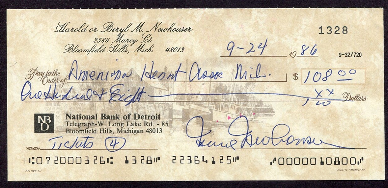 Hal Newhouser Signed Personal Check