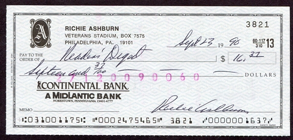 Richie Ashburn Signed Personal Check