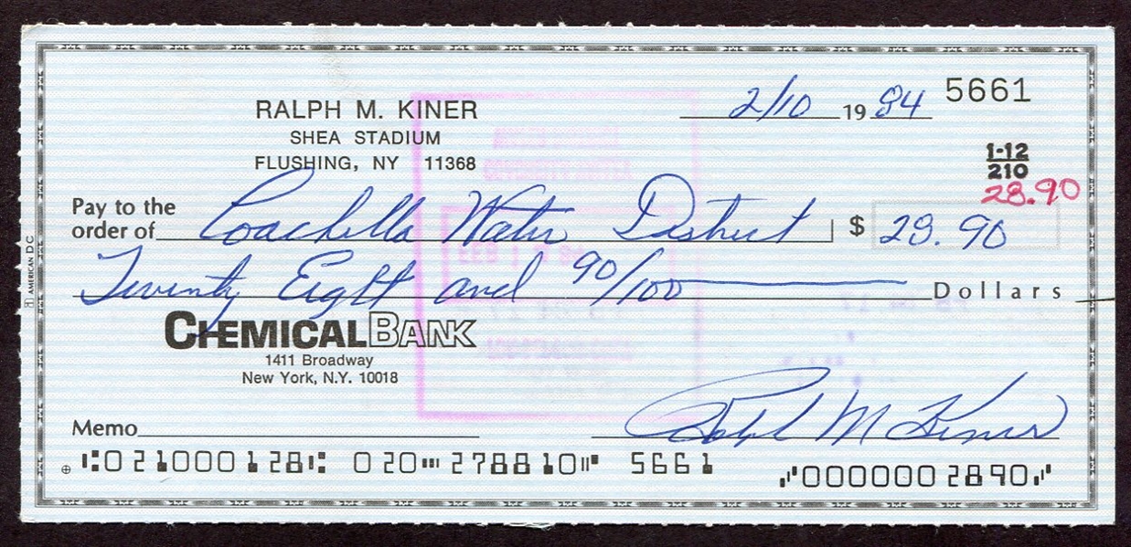 Ralph Kiner Signed Personal Check