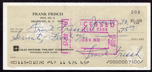 Frank Frisch Twice Signed Personal Check
