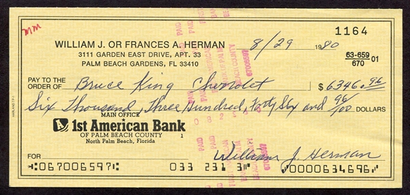 Billy Herman Signed Personal Check