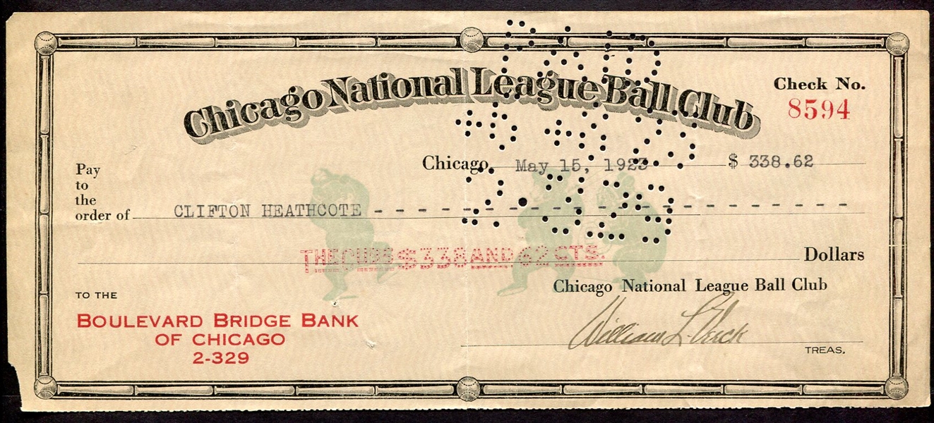 Bill Veeck Signed Chicago Cubs Payroll Check to Clifton Heathcote