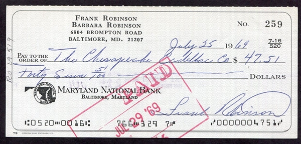 Frank Robinson Signed Personal Check