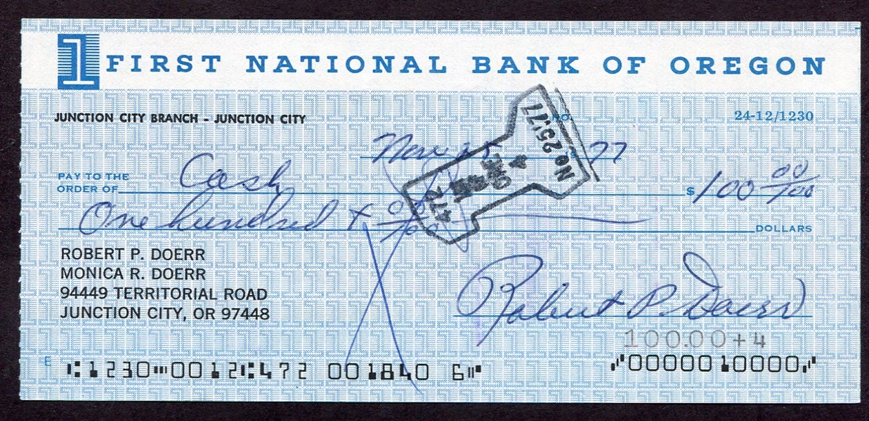 Bobby Doerr Signed Personal Check
