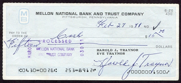 Pie Traynor Signed Personal Check