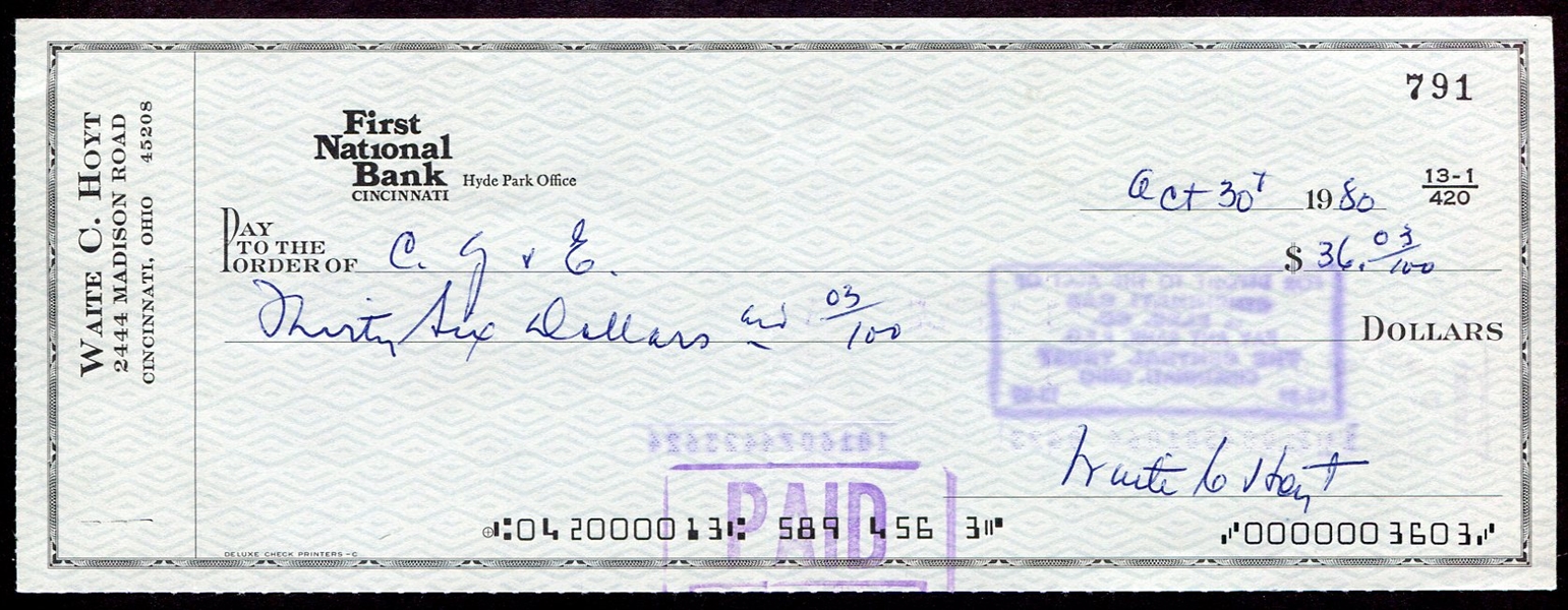 Waite Hoyt Signed Personal Check