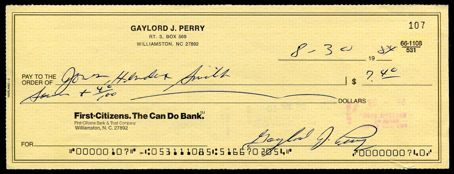Gaylord Perry Signed Personal Check
