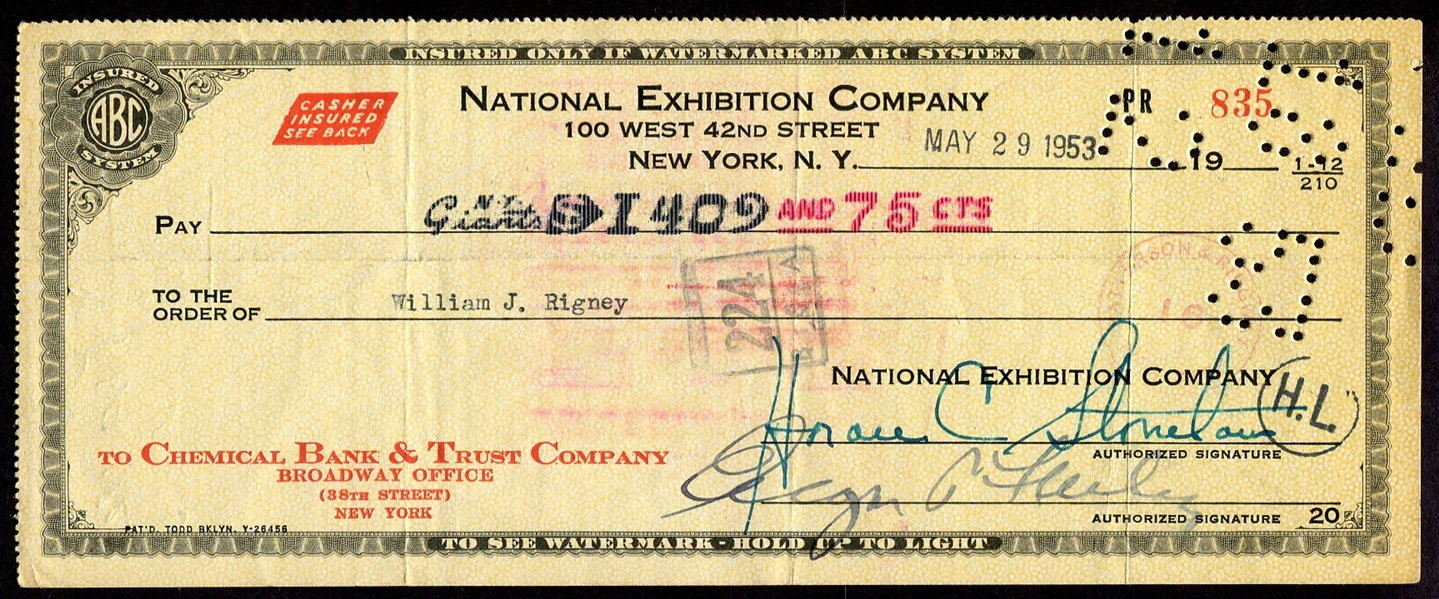 New York Giants 1953 Payroll Check To Bill Rigney