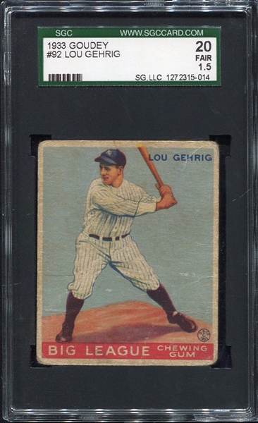1933 Goudey #92 Lou Gehrig SGC 20 