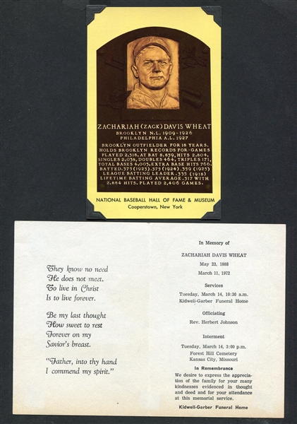 Zach Wheat Memorial Service Program & HOF Plaque Postcard