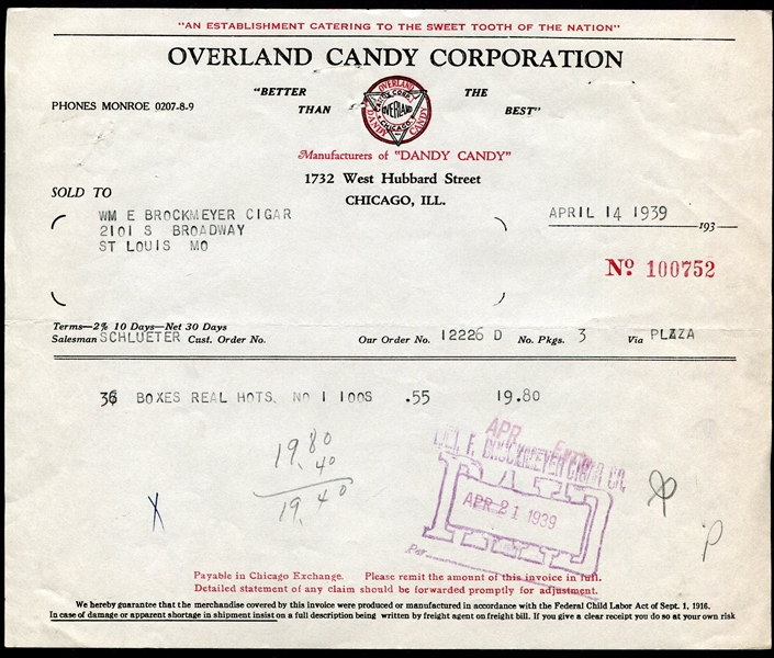 1939 Overland Candy Company Invoice