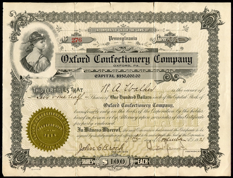Oxford Confectionery Stock Certificate Invoice & Card