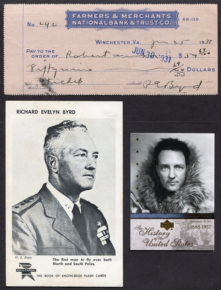 Admiral Richard Byrd Signed Check & Two Cards