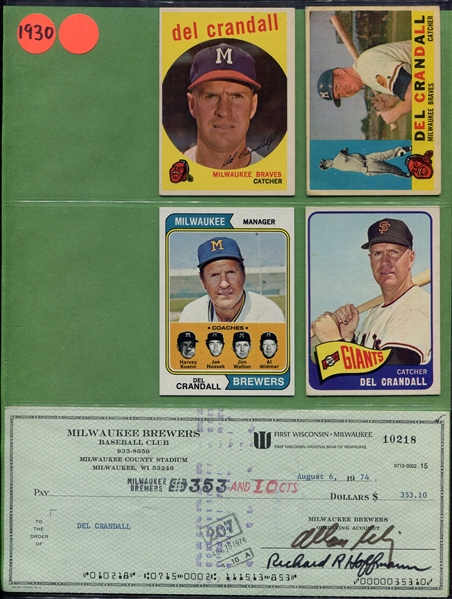 Del Crandall Endorsed Milwaukee Brewers Check(JSA) Cards & Photo