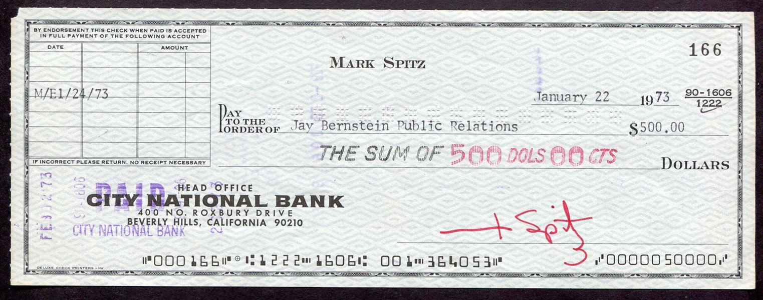 Mark Spitz Signed Personal Check plus 2 Sports Illustrated Covers