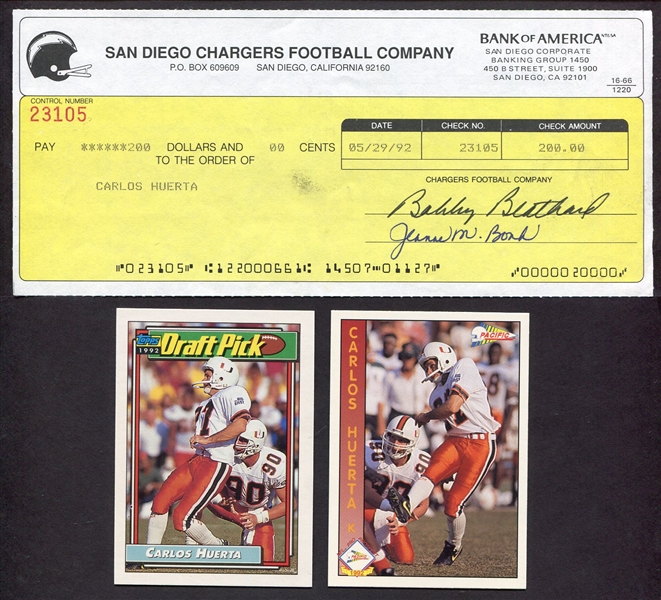 Carlos Huerta Endorsed San Diego Chargers Check Signed by Bobby Beathard