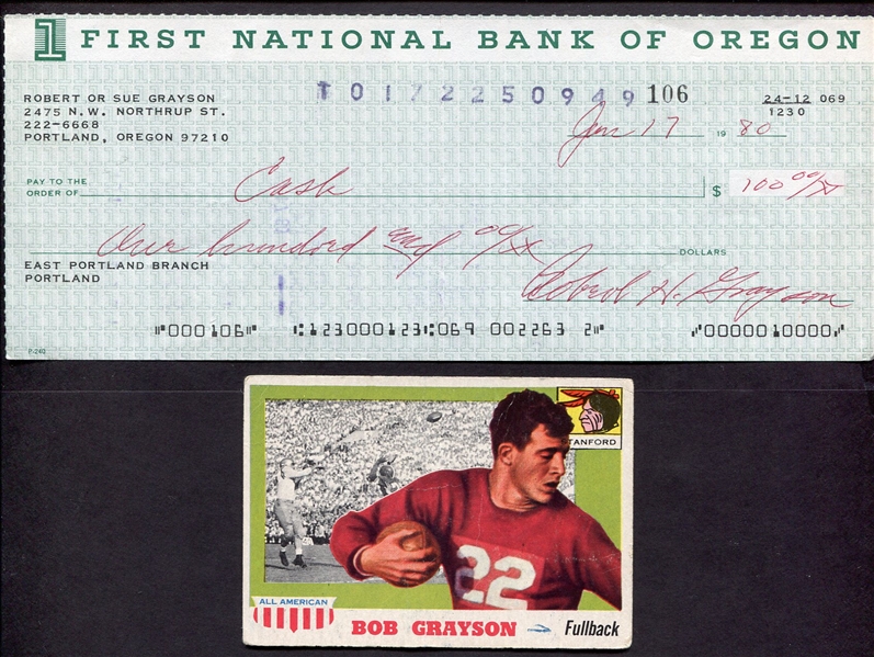 Bobby Grayson Signed Personal Check & 1955 Topps Card