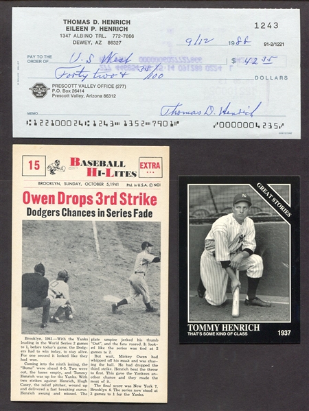 Tommy Henrich Signed Personal Check & Photo Plus Cards