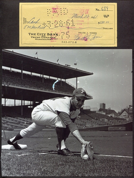 Frank Torre Signed Check Plus Cards & Photo