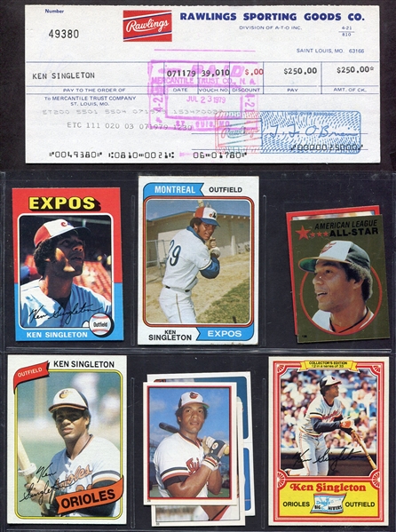 Ken Singleton Endorsed Rawlings Sporting Goods Check With Cards