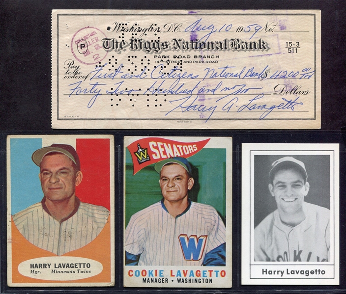 Harry "Cookie" Lavagetto Signed Personal Check & Cards